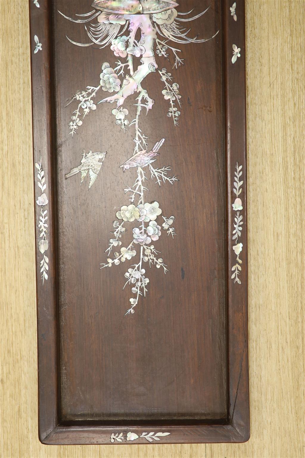 A Chinese hardwood and mother of pearl plaque, width 16.5cm height 65cm